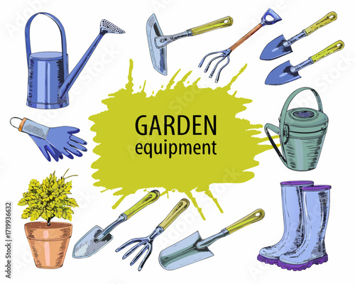 Collection of hand drawn garden tools and supplies