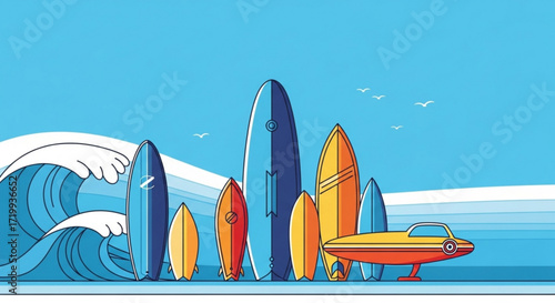 A vibrant illustration showcases a collection of surfboards standing upright on a sandy beach, with a stylized wave and a futuristic vehicle adding to the scene