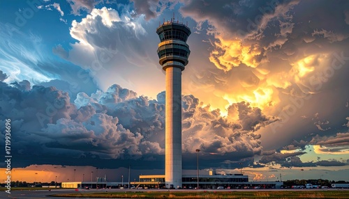 Airport control tower dramatic sky