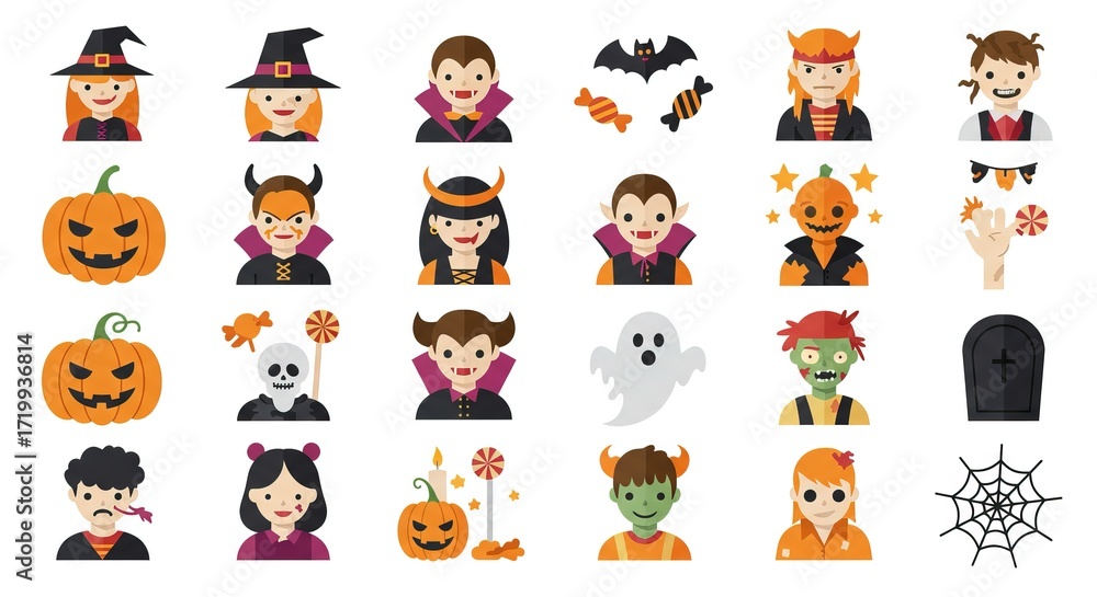 Obraz premium Spooky Halloween icons featuring pumpkins, ghosts, vampires, and witches for a fun, festive design project for cards, invitations, or party flyers