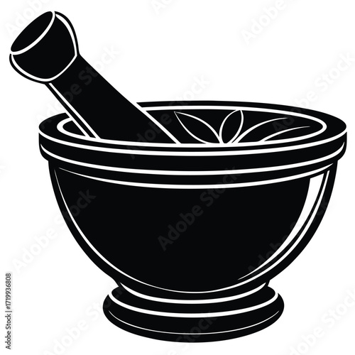 Black and white mortar and pestle symbol for grinding herbs spices and medicine silhouette