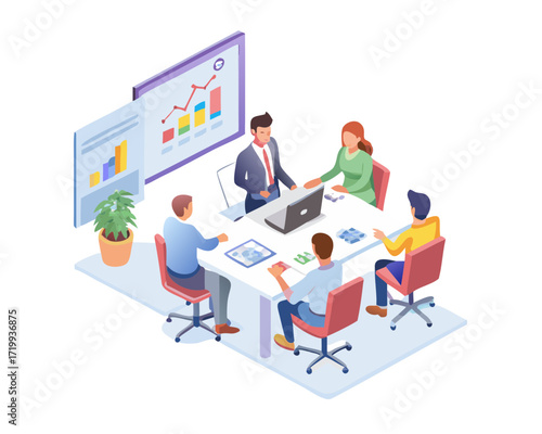 Business team meeting discussing growth charts and financial reports