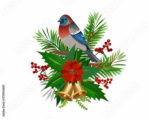 A festive christmas bird perched among holly poinsettias and bells