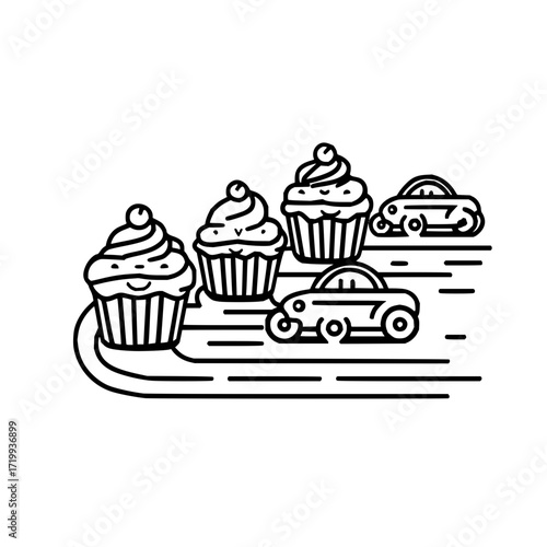 Cupcake car dessert sweet bakery treat food vector design illustration graphic delicious confectionery line art
