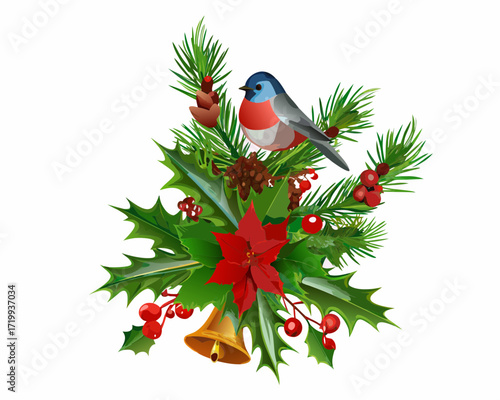 Christmas decoration with bullfinch pine cones holly poinsettia and bell