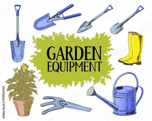 Collection of hand drawn garden tools and supplies