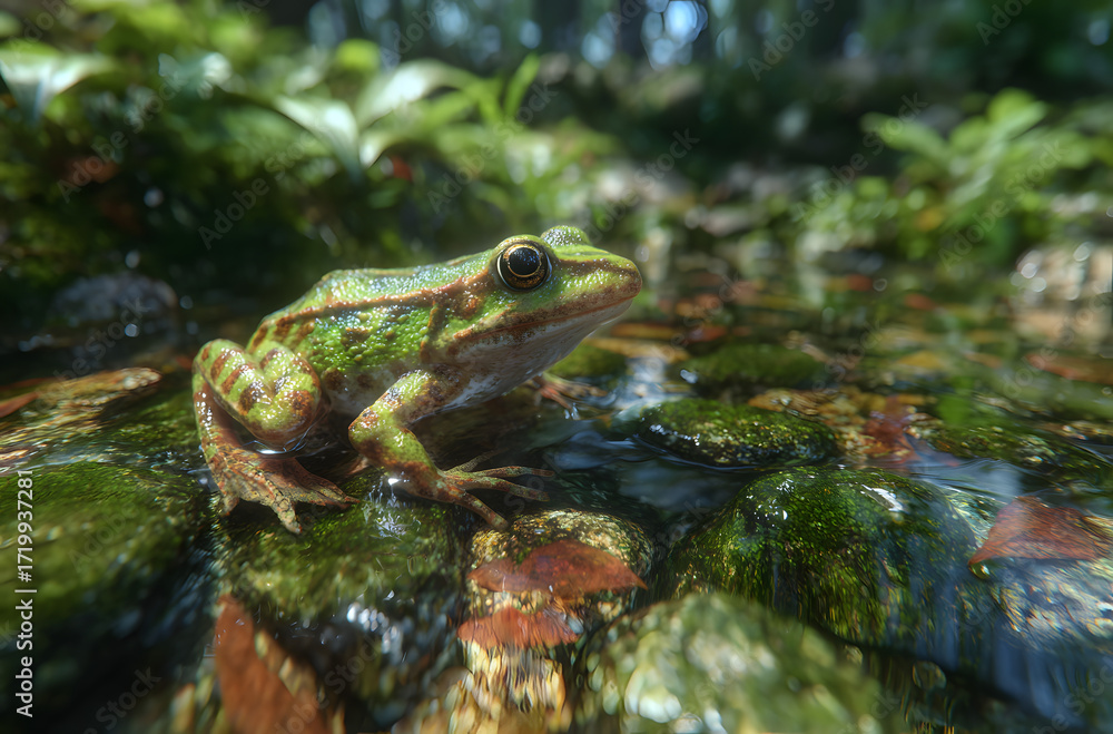 Obraz premium a green water frog sits on wet stones in shallow water