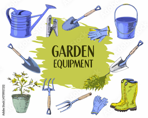 Collection of garden tools and equipment hand drawn illustration