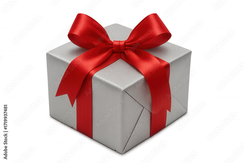 Obraz premium Silver gift box with red ribbon and bow, celebrating holidays, birthdays, and special occasions