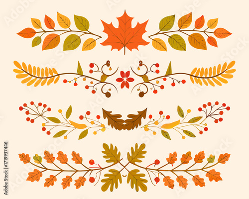 Collection of autumnal decorative borders and dividers with leaves and berries