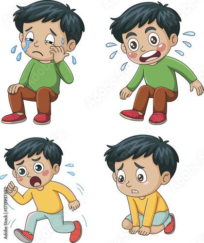 Cartoon child emotional expressions, crying and sad boy, vector illustration, kids feelings clipart, educational content, black background, character design