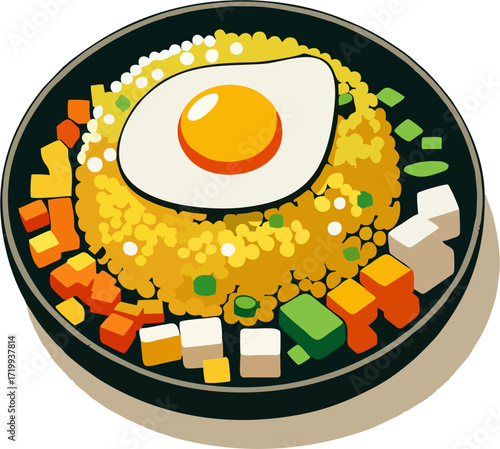 Gourmet Fried Rice with Egg and Diced Vegetables Vector – Colorful Asian Food on Black Plate