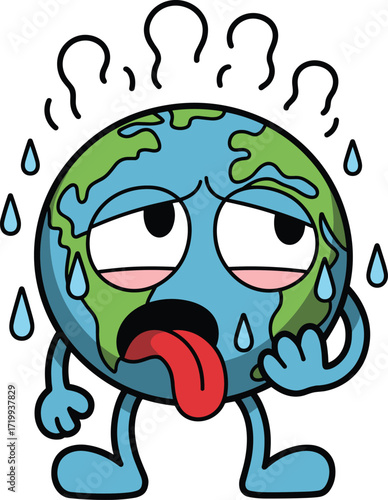 Cartoon Earth, climate change, global warming, overheating planet, environmental crisis, sweating globe, ecology, heat stress, pollution, save Earth, vector illustration