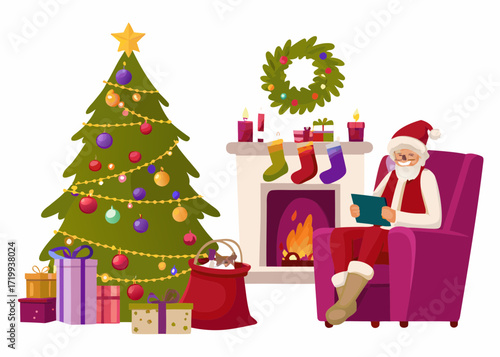 Santa claus relaxing in a chair by the fireplace on christmas eve