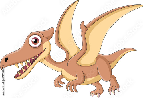 Cartoon pterosaur illustration, flying prehistoric reptile, cute dinosaur character, vector drawing, smiling creature, beige wings, brown body, children’s content