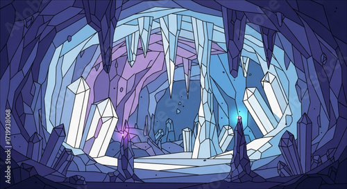 Enchanting crystal cave illustration featuring glowing crystals, stalactites, and stalagmites in shades of blue, purple, and white, creating a magical atmosphere