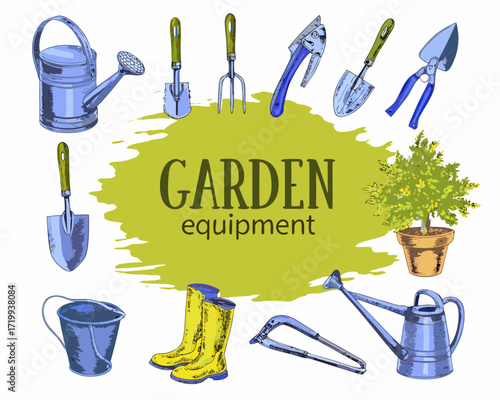 Collection of garden tools and equipment with a potted plant