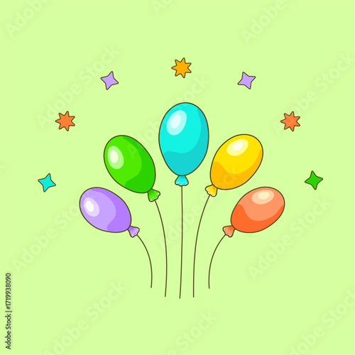 Bright multicolored oval shaped balloons on a yellow-green background with stars. Feelings and emotions. Greeting cards without labels. Birthday. A party. Vector illustration.