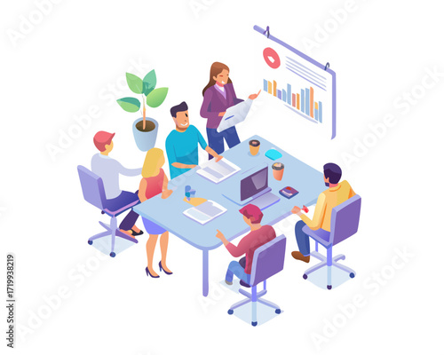 Business team meeting discussing charts and graphs on a whiteboard