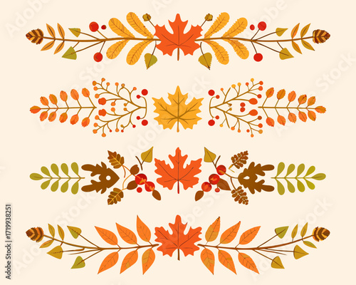 Autumn leaf borders and dividers with berries and pinecones