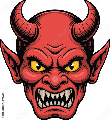 Demon face illustration, angry devil character, scary red monster, cartoon horror design, evil horned head, villain vector art, fantasy clipart