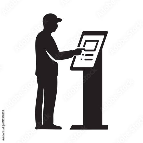 Man Using Self Service Kiosk Touch Screen Terminal Silhouette Icon