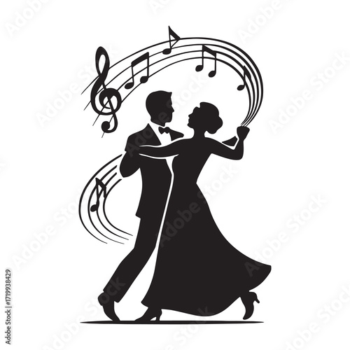 "Couple Dancing Silhouette Music Notes Ballroom Illustration"