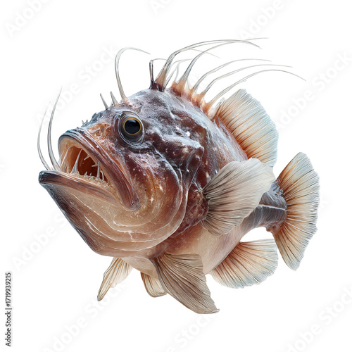Png of a captivating anglerfish with its bioluminescent lure and sharp teeth, isolated on transparent background, showcasing the wonders of deepsea adaptation
