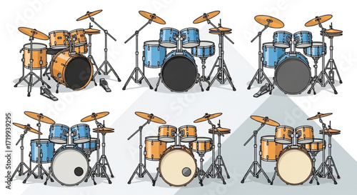 Drum set in different colors, perfect for music lovers, drummers, and anyone who appreciates the rhythm and beat of music
