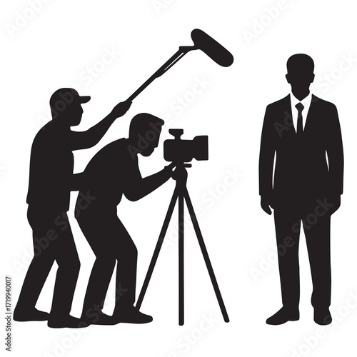 Film Crew Silhouette Camera Operator Sound Engineer Recording Businessman Interview Vector