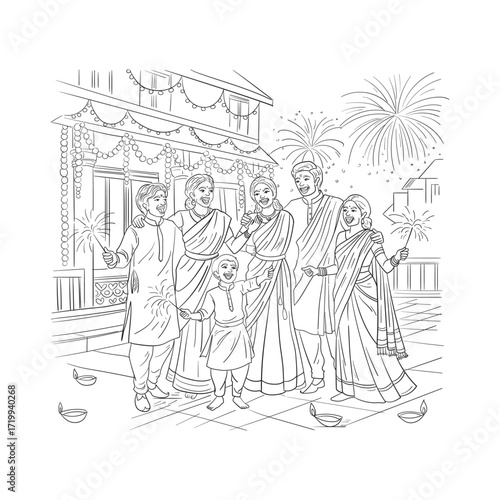 Hand Drawn Sketch of Indian Family Celebrating Diwali with Sparklers and Diyas