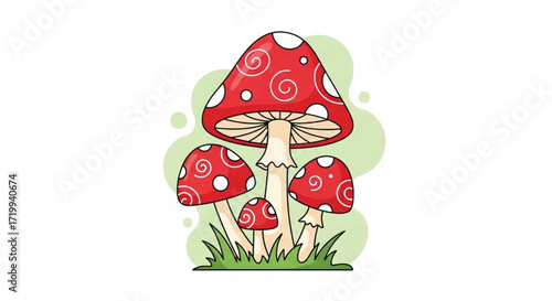 Amanita mushroom with red cap and white spots cartoon illustration of poisonous mushroom in the forest with grass