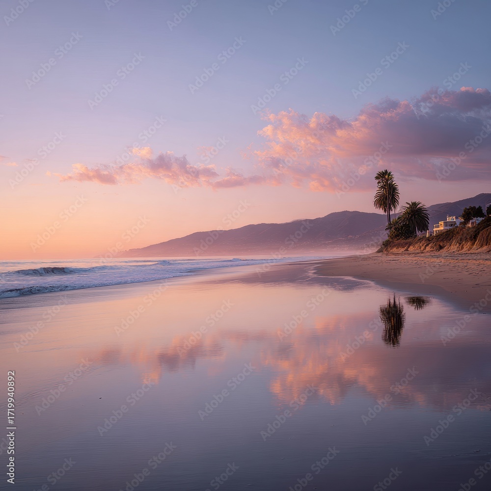 Obraz premium Serene Coastal Sunset - Reflective Beach Scene with Pastel Sky and Calm Waters.