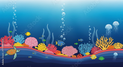 Vibrant underwater scene illustration featuring colorful coral reefs, diverse marine life, and a serene ocean backdrop