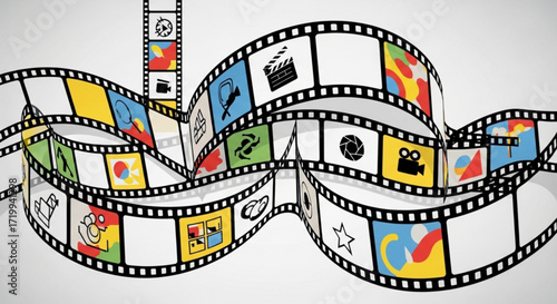 A vibrant film strip, adorned with colorful icons, captures the essence of cinema and storytelling, perfect for representing the world of movies