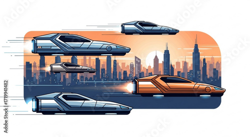 Futuristic flying cars soaring above a stylized cityscape at sunset, representing advanced transportation technology