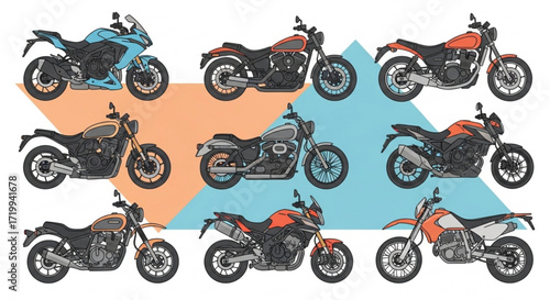 Collection of diverse motorcycle showcasing various styles and designs, reflecting the passion and freedom associated with riding