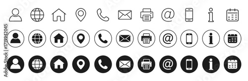 Contact icon set for business card, containing information name, website, location, address, telephone, mail and more