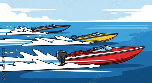 Three powerboats racing on the water, creating white wakes and splashes, with a blue sky and clouds in the background, showcasing speed, competition, and marine transport