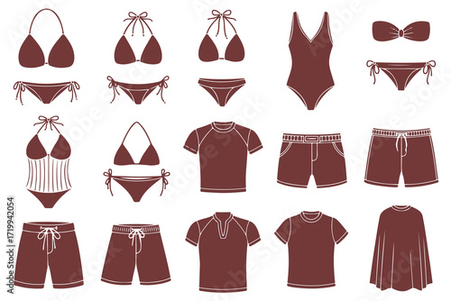 burgundy swimwear, bikini, string bikini, tankini, one-piece swimsuit, beach shorts, board shorts, t-shirt, skirt, high-waisted shorts, seamless lingerie, lace bra, lacey panties, brassiere, underwear