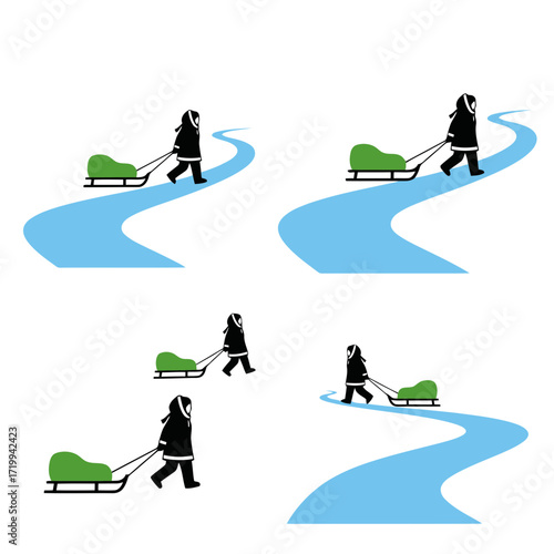 Vector art of african family with traditional huts silhouette