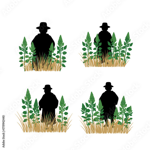Vector art of silhouette of a herdsman with cattle in different poses