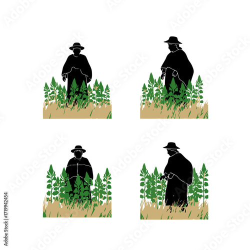 Vector art of fisherman casting a net from a boat in different poses