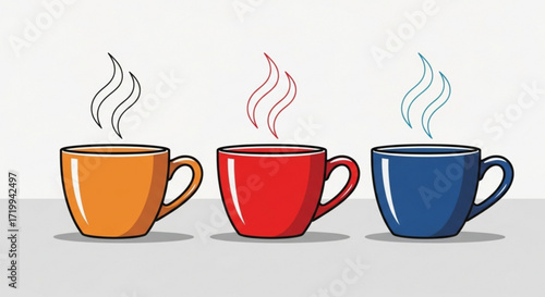 Illustration of three colorful coffee cups with steam rising, representing different flavors or moods