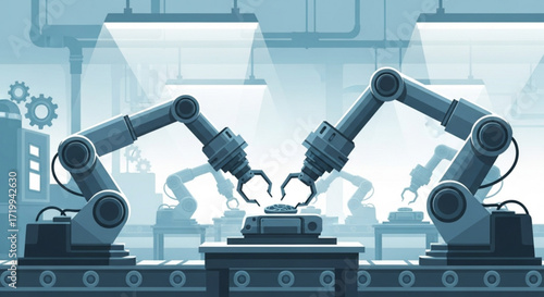 Illustration of robotic arms working on an assembly line in a factory, symbolizing automation, manufacturing, and industrial technology