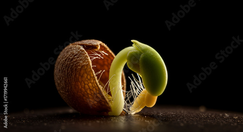 Close up of a ripe passion fruit split open revealing its juicy seeds and vibrant pulp on a dark background