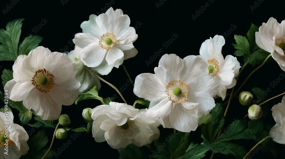 Obraz premium White anemone flowers arranged against a dark backdrop showcasing natural beauty
