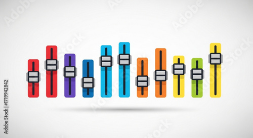 Colorful equalizer bars with sliders, representing audio mixing, sound engineering, music production, and volume control in a modern design