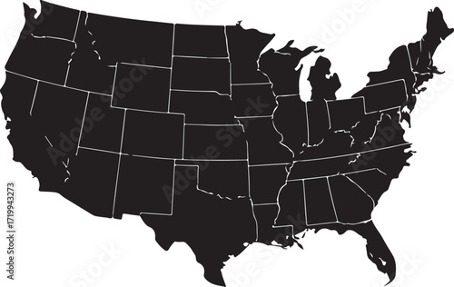 Black Silhouette Map of the United States of America with State Borders geography