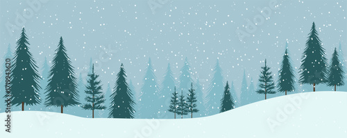 Beautiful winter mountain landscape with a foggy forest, snowdrifts, and falling snow. Winter mountains and forest in snowy weather. Vector illustration of winter nature for Christmas design.